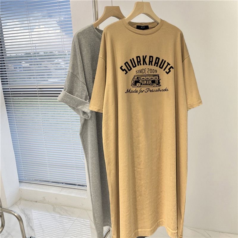 Plus Size Retro Chic Short-Sleeved T-Shirt Dress for Women 2025 New Loose Slimming Look Mid-Length Slit Skirt Summer