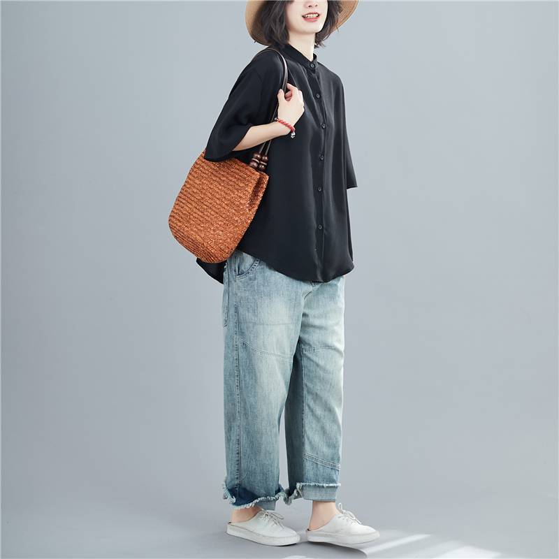 Solid Color Shirt Summer chubby girl plus size Women's Half-Sleeve Ripped Collar Shirt All-Match Cardigan Top