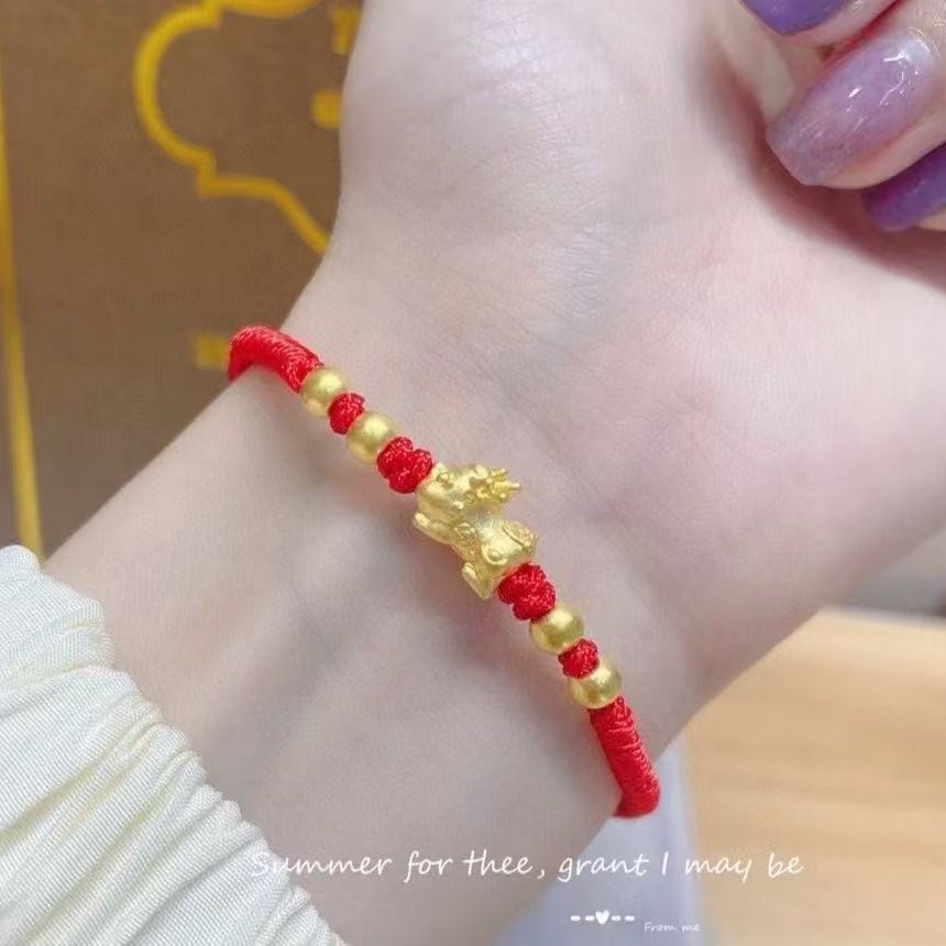Pure Gold 999 Pixiu Baby Bracelet 3D Hard Gold Small Pixiu Birth Year Braided Anklet Pixiu Transfer Beads on Behalf of