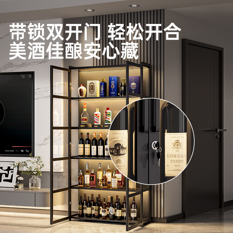 Home Living Room Red Wine Display Cabinet Floor-Standing Storage Cabinet with Lock Wine Cabinet Integrated Cabinet Against the Wall with Built-In Light Bar Storage Cabinet