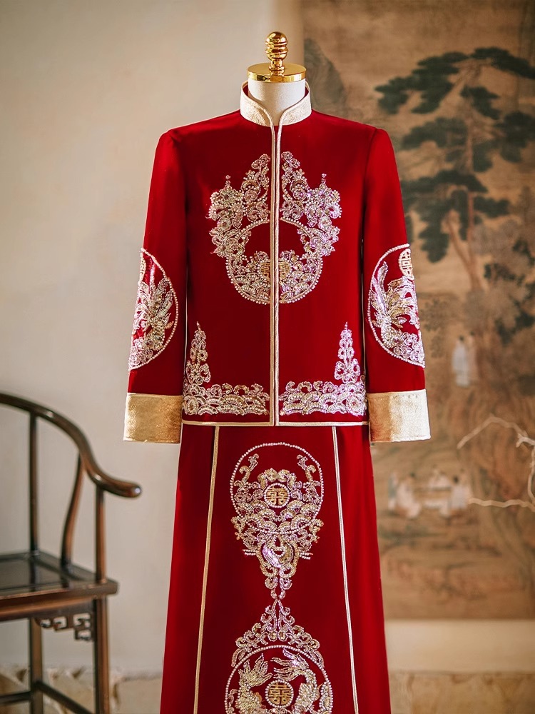 Men's Xiuhe Suit Groom 2024 Wedding Outfit for Receptions and Toasts, Men's Dragon and Phoenix Embroidered Tang Suit Chinese Style Formal Wear