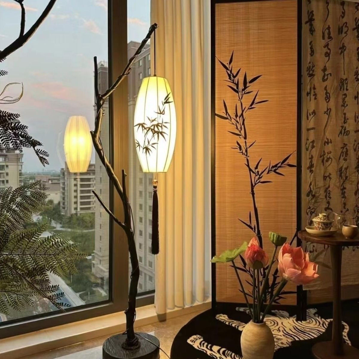 Retro Style Branch Chinese Zen Floor Lamp Living Room Simple Tea Room Study Atmosphere Lamp Fabric Lantern Fishing Lamp