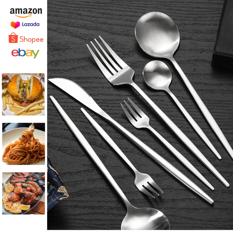 Cross-Border Handle Portuguese Stainless Steel Knife, Fork and Spoon Tableware Four-Piece Set 24Pcs Dessert Spoon Fork Steak Knife