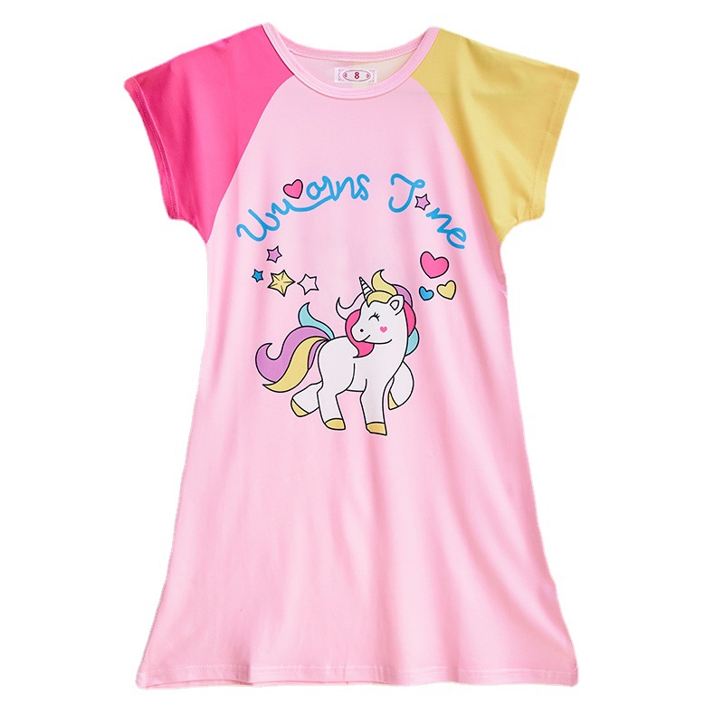 2025 Children's Nightgown Summer Short-sleeved Girls Baby Thin Little Girl Cartoon Pajamas Big Children's Home Clothes Summer