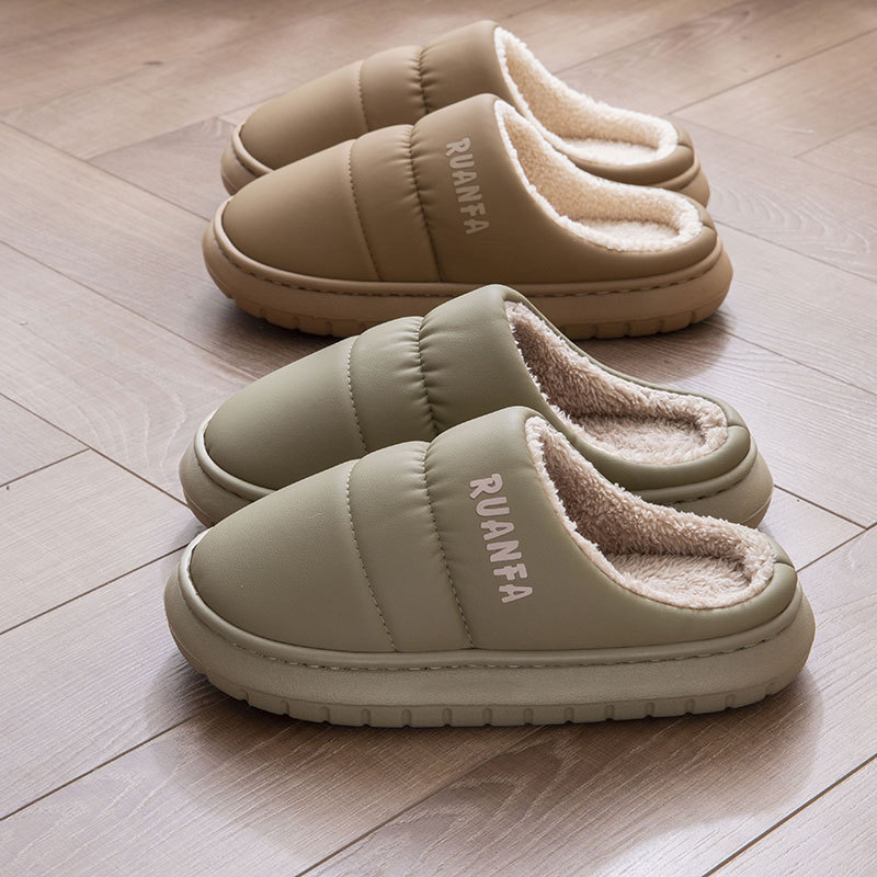 Down Cloth Waterproof Cotton Slippers for Men's Winter Indoor Home Non-Slip Warm Couple's Home Thick Bottom Plush Cotton Slippers for Women