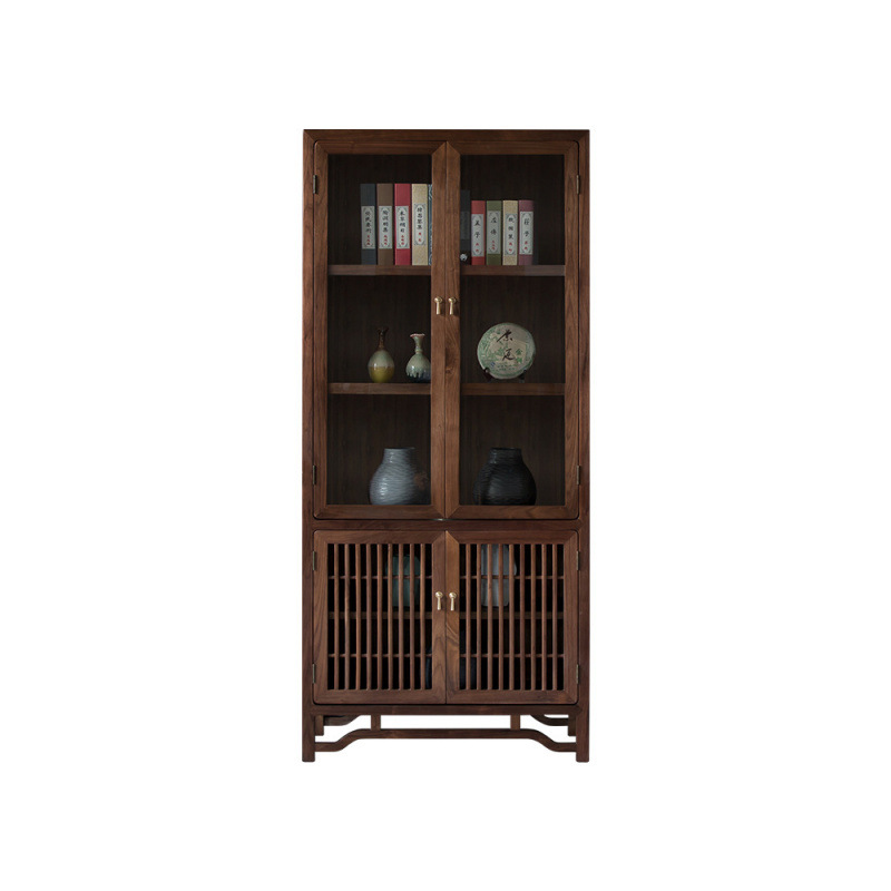 New Chinese Style Black Walnut Home Study with Glass Door Display Cabinet Large Display Cabinet Solid Wood Bookshelf Bookcase Combination