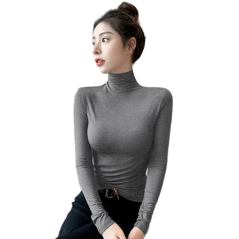Dark Gray High-Neck Ribbed Base Shirt for Women, Early Spring New Slim-Fit Solid Color Versatile Stylish Long-Sleeve Women's T-Shirt