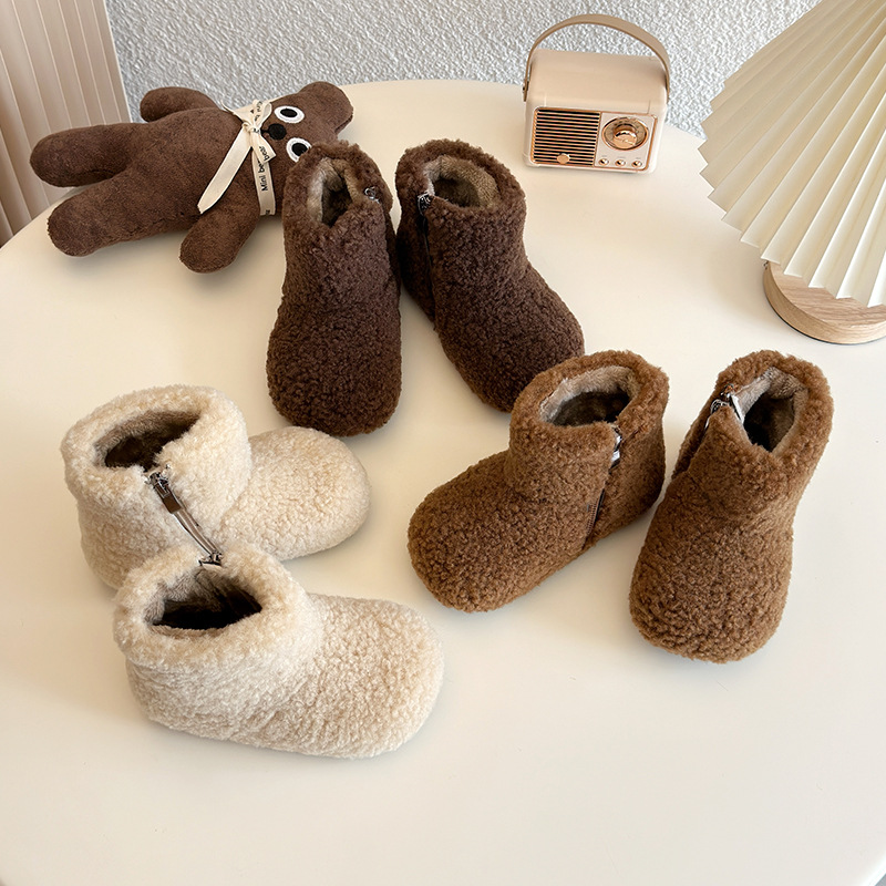 Korean Style Girls' Furry Boots 2025 Winter Warm Children's Snow Boots Niche Cute Plush Short Boots Baby Cotton Boots