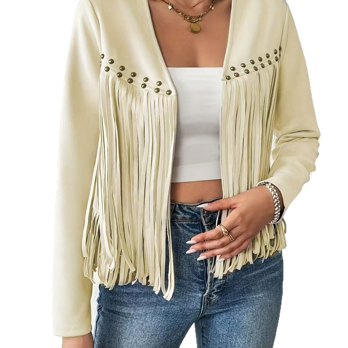2025 Amazon New Tassel Jacket Women's Suede Studded Decorative Buttonless Mid-Length Jacket Long-Sleeved Cardigan