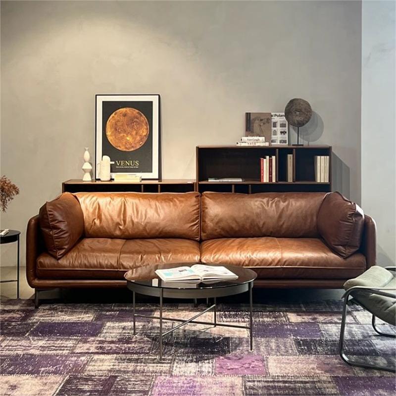 Vintage Oil Wax Leather Sofa, Italian Minimalist Style, Top-Grain Cowhide, Mid-Century Style Living Room Straight-Row Leather Art Armchair Sofa