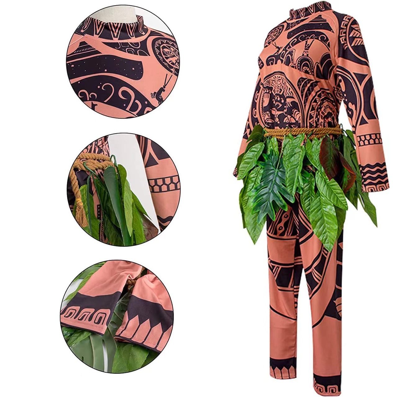 Maui Tattoo T-Shirt Pants Halloween Adult Men Women Cosplay Costume Wig Set