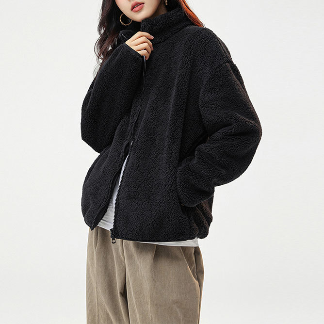 Winter Fashion Fleece Coat Women's Coral Fleece Zipper Casual Thickened Double-Sided Arctic Fleece Solid Color Warm Top