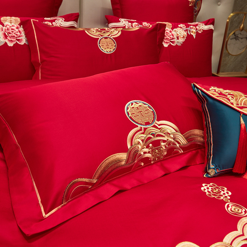 New Chinese-Style Wedding Pure Cotton Four-Piece Set, Bright Red with the Character for Happiness, All-Cotton Embroidery, Wedding Room Dowry, Eight-Piece Wedding Set with Dragon and Phoenix