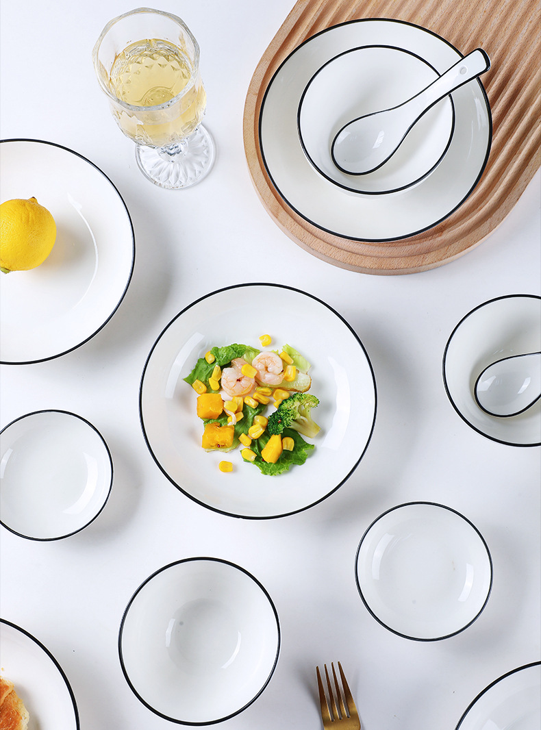 New Lotus Four Plates, Six Bowls, Ten-Piece Tableware Set, European-Style Combination Underglaze Color Process, Microwaveable Rice Bowl