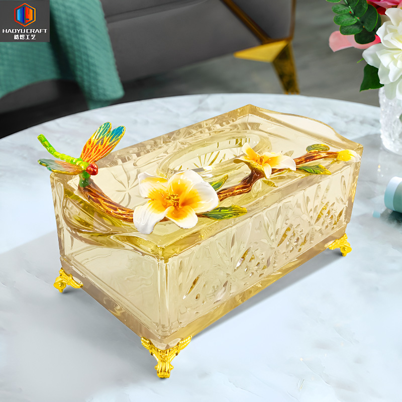 High-end Light Luxury Tissue Box Living Room Household Creative Paper Box American Glass Electroplated Amber Paper Storage Box