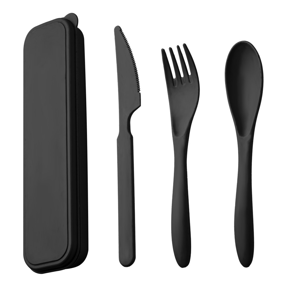 Cross-border Amazon Outdoor Camping Portable Knife, Fork and Spoon Tableware suit Black Wheat Straw Tableware Three-piece Set