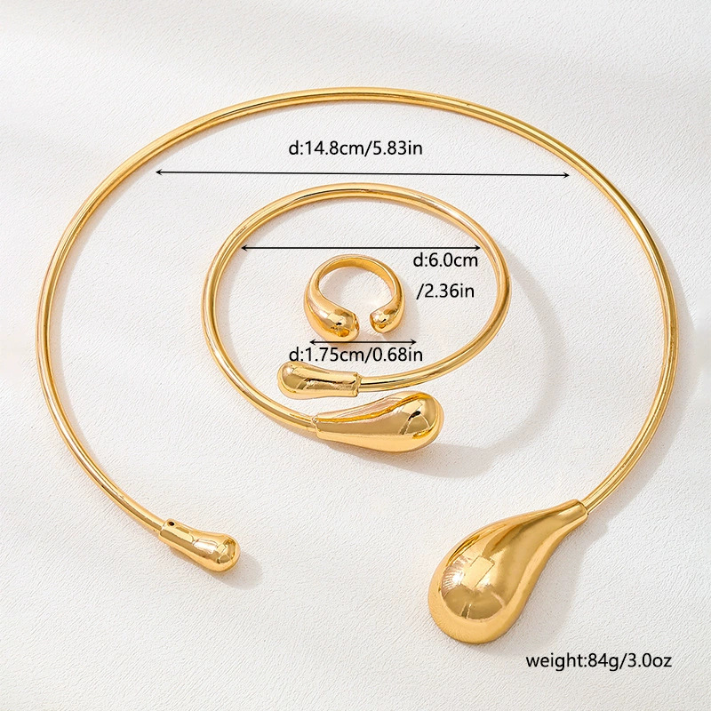 3-Piece European and American Fashion Stylish Trendy Metal Gold Water Drop Opening Women's Bracelet Collar Ring Jewelry Set