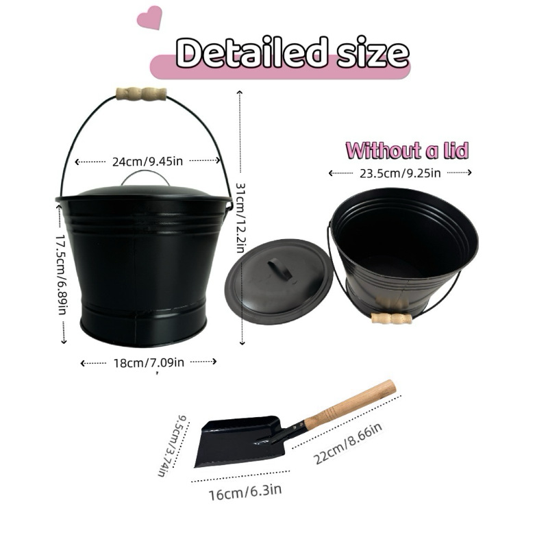 Cross-Border Amazon Home Fireplace Shovel Ash Barrel Round Barrel Ash Wood Iron Barrel and Shovel Two-Piece Set