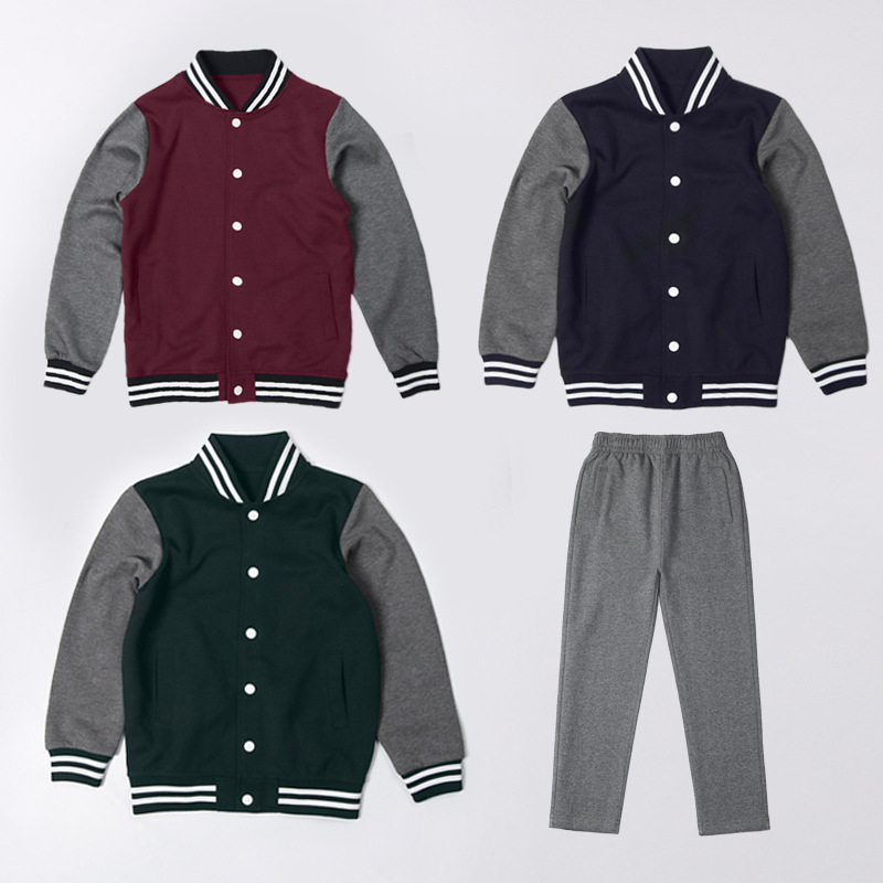 Children's Sports Suit Boys and Girls Baseball Uniform Jacket Dark Green Maroon Navy Blue Gray Spring & Fall Primary and Secondary School Uniforms