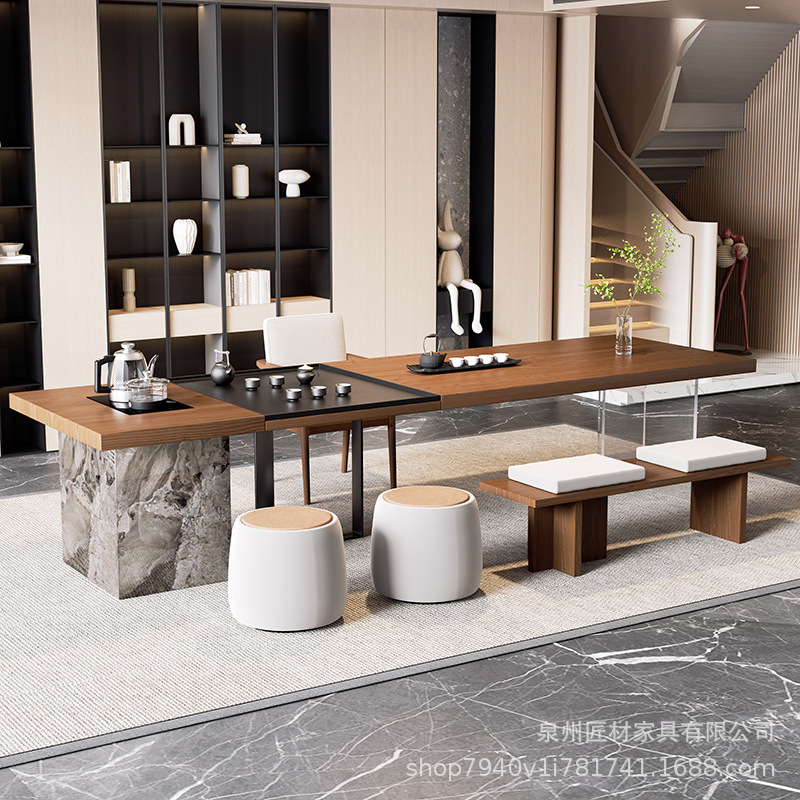 Boss office solid wood tea table big board island table tea table and chair a set of household simple large tea table integrated