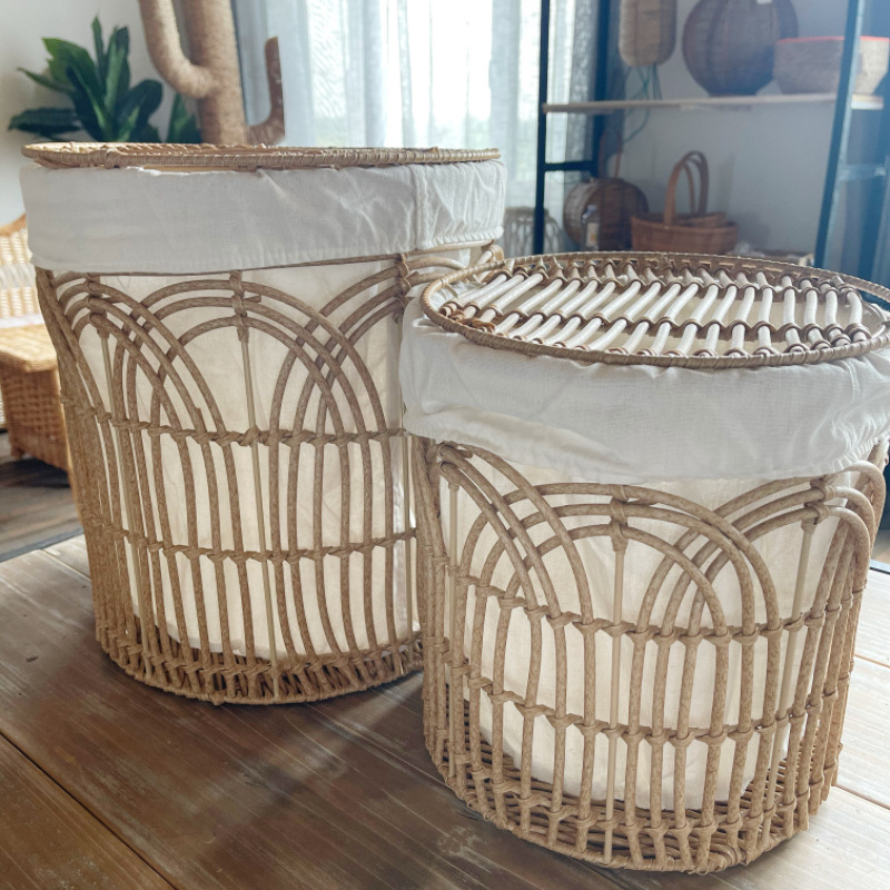 Imitation Rattan Storage Basket Lined with Household Storage Basket Desktop Storage Toys Sundries Snacks Woven Storage Basket Nordic