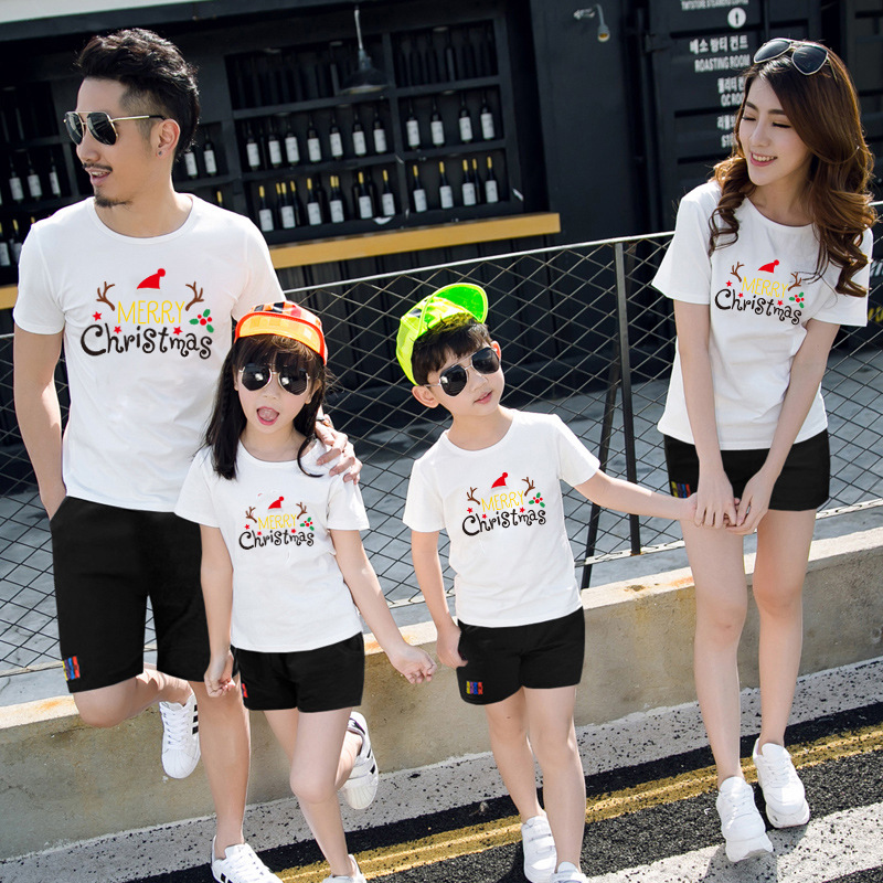 Рождественское платье для родителей и сыновей Мать-Женская семья из трех или четырех человек Высококачественная чистая хлопковая футболка с коротким рукавом С Рождеством