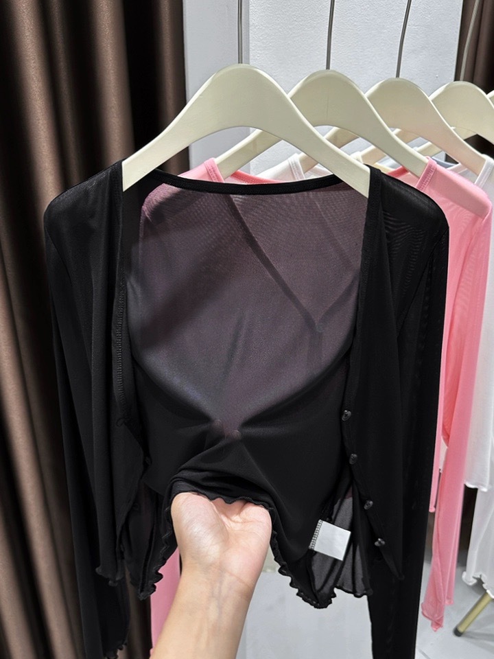 Ice Silk Cool Tulle Sun Protection Cardigan Women's Shawl Summer with Skirt Suspender Outer Blouse Mesh Top Short Version