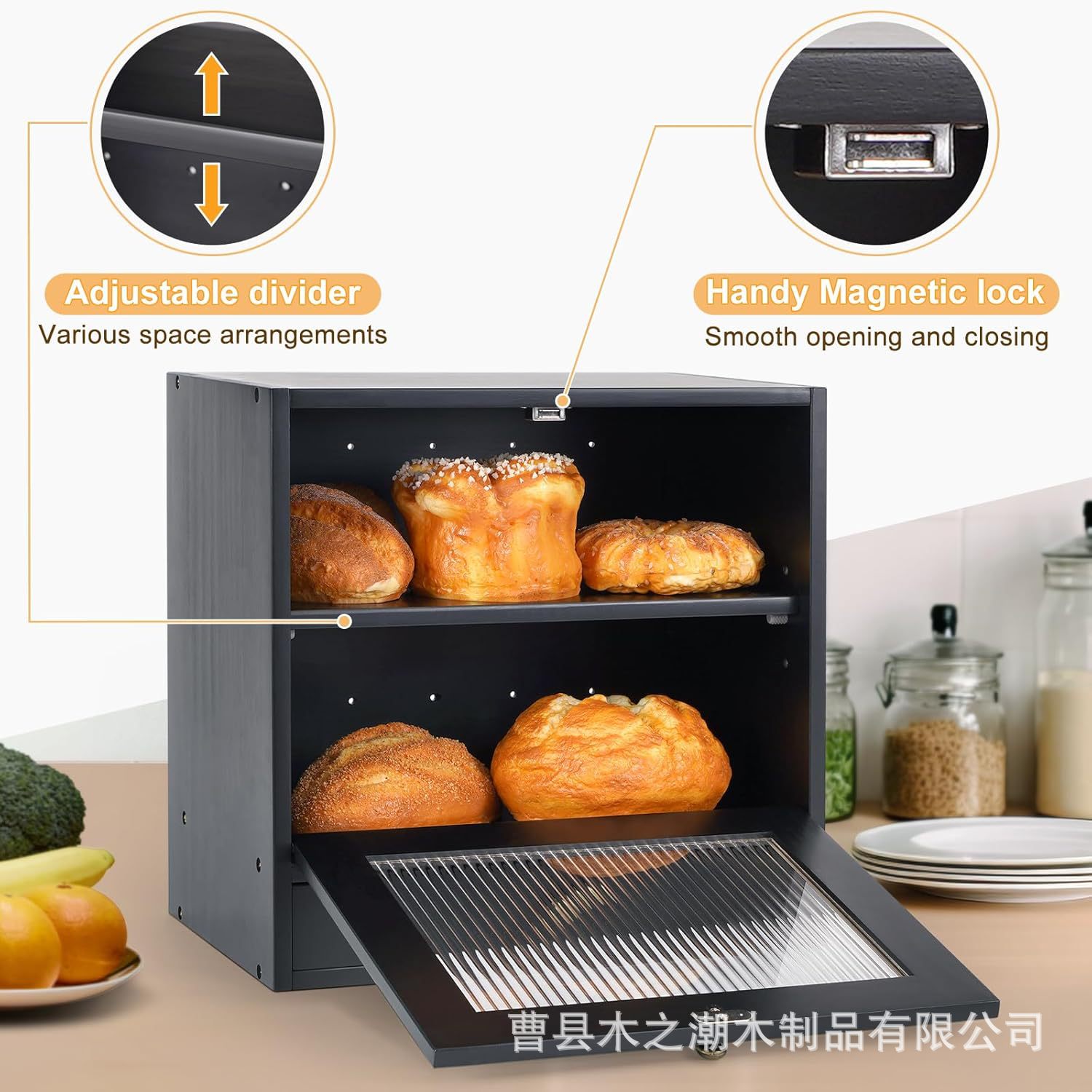 Kitchen Countertop Bread Box 3 Layers Wooden Bread Box Farmhouse Coffee Bar Countertop Food Cabinet Rack Storage Container