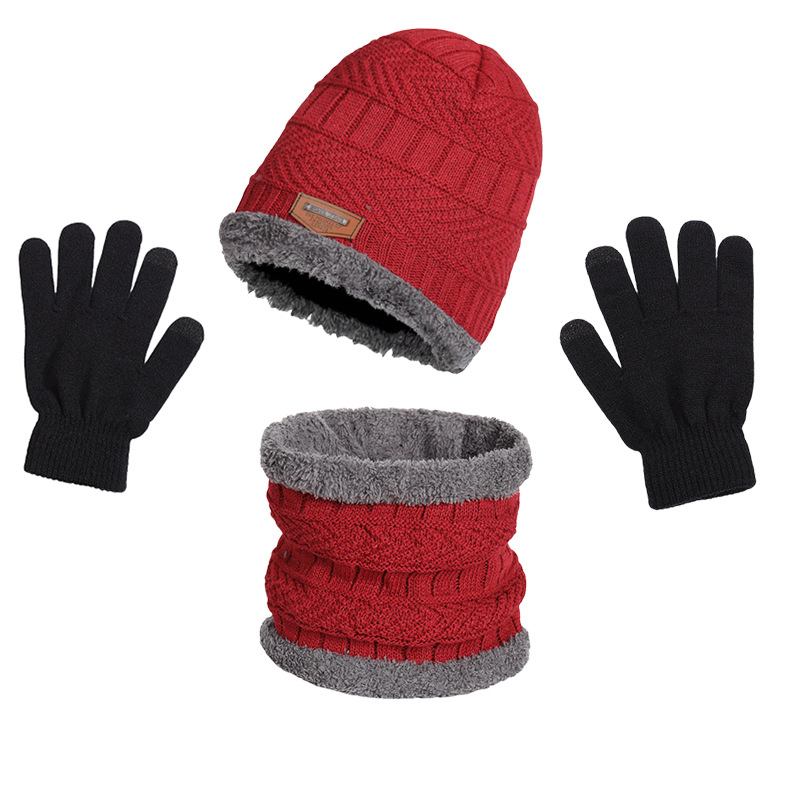 Warm Hat, Winter Men's and Women's Knitted Hat Three-Piece Set Plus Plush Woolen Hat, Scarf, One-Piece Cross-Border Hat and Gloves