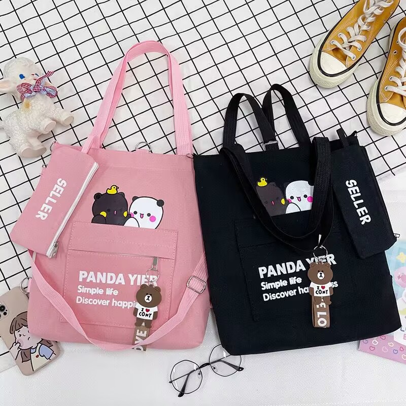 Factory supply single shoulder canvas bag cartoon bear two-piece set student double back canvas bag crossbody large capacity tote bag