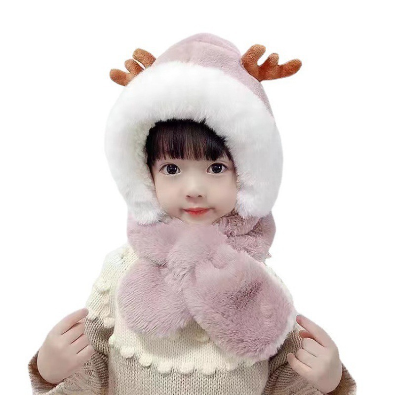 2023 Boys and Girls Thickened Warm New Winter Children's Hat and Scarf Integrated Stuffed Cute Antler Ear Protection Hat