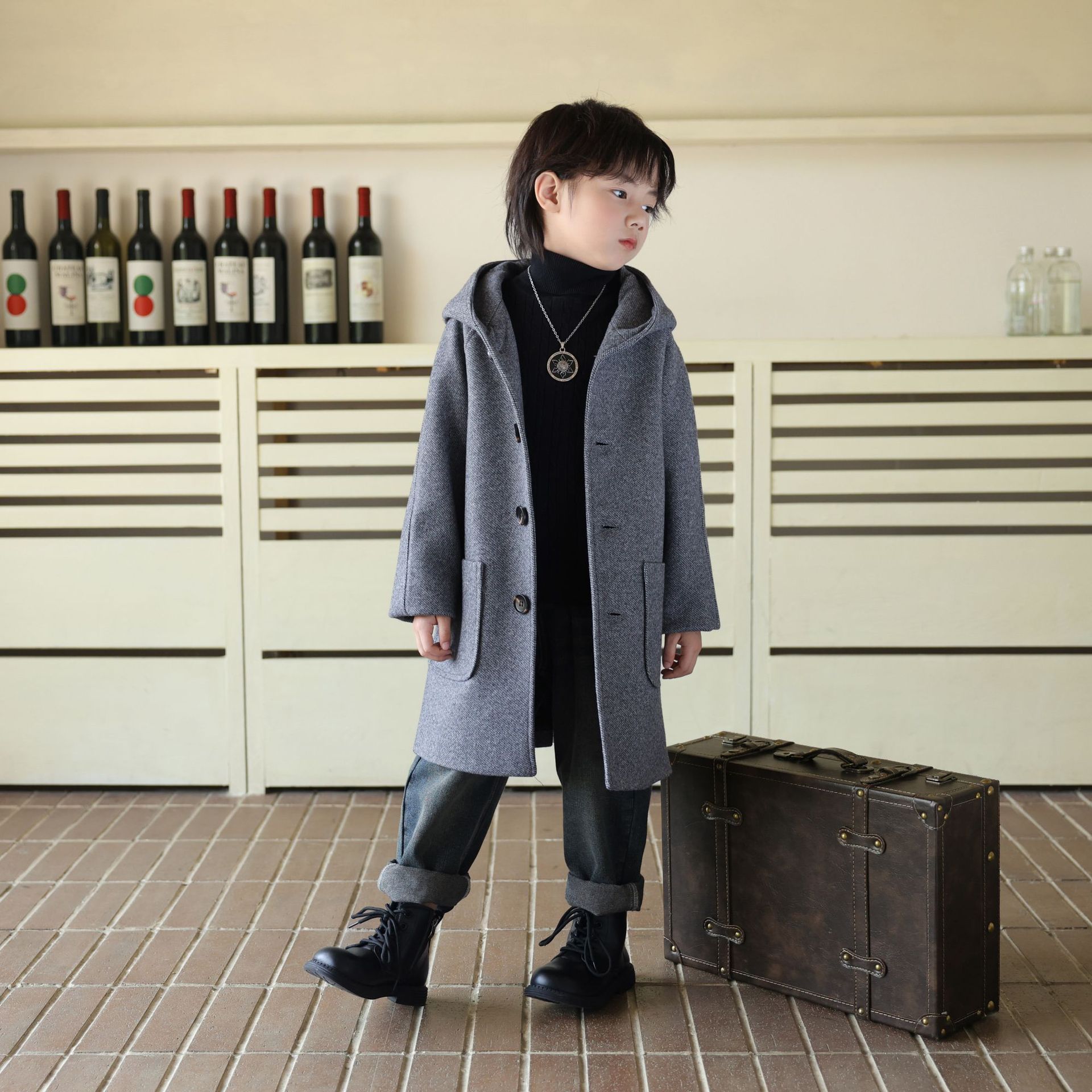 Boys' Woolen Coat 2024 New Boys Children's Winter Thickened Woolen Coat Korean Style Trendy