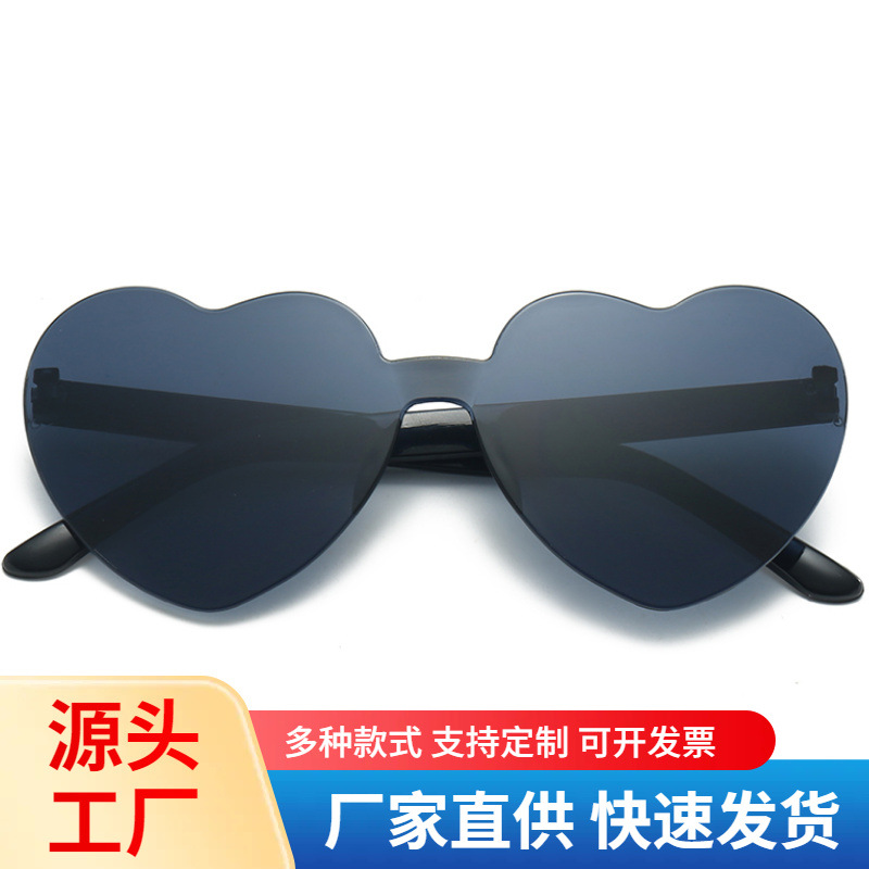 New Cross-Border Peach Heart Sunglasses, Love Glasses, European and American Trendy Rimless One-Piece Marine Film Dazzling Color Sunglasses
