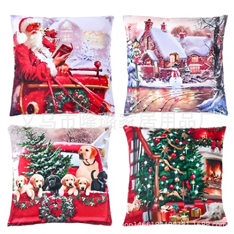 2025 New Cross-Border Christmas Peach Skin Linen Short Plush Pillow Cushion Cover Four-Piece Set