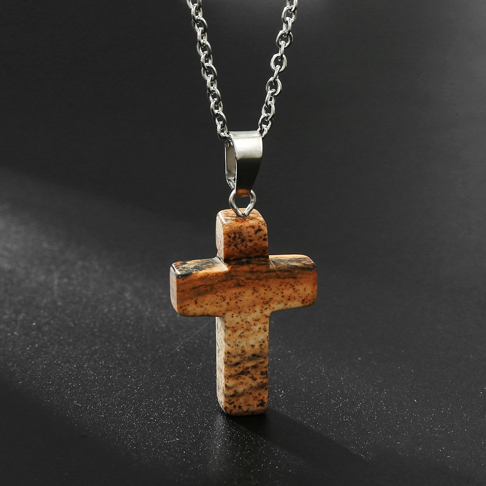 Cross-Border Hot Selling Natural Stone Pendant Cross Necklace Obsidian Malachite White Turquoise European and American Popular Jewelry