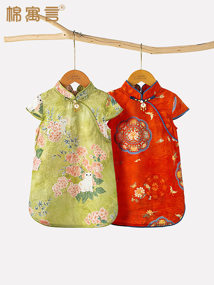 Летнее платье чонгсам для девочек новый китайский стиль детская юбка с коротким рукавом ханьфу