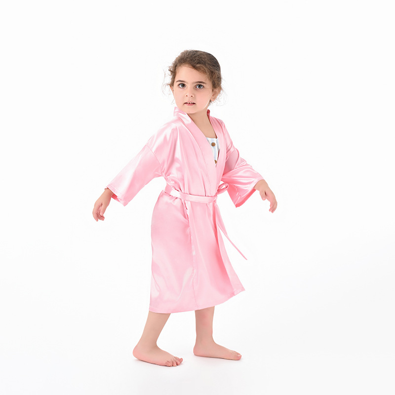 Cross-Border Solid Color Imitation Silk Children's Bathrobe Export Big Children's Satin Nightgown Baby Catwalk Cardigan Boys and Girls Bathrobe
