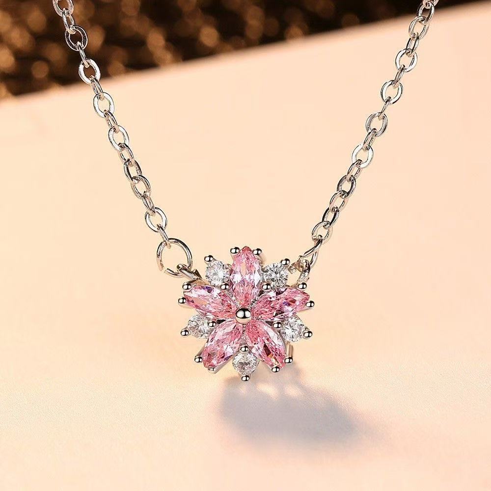 Romantic Cherry Blossom suit Copper Necklace Zircon Flower Pink Necklace suit Earrings Female Korean Style Petal Copper Micro-inlay