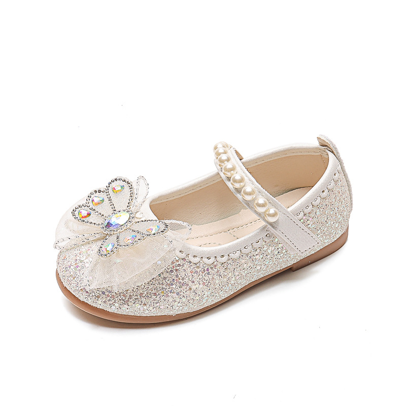 Girls Elsa Princess Shoes 2025 New Korean Style Bow Little Girl Soft Sole Shoes Pearl Crystal Leather Shoes