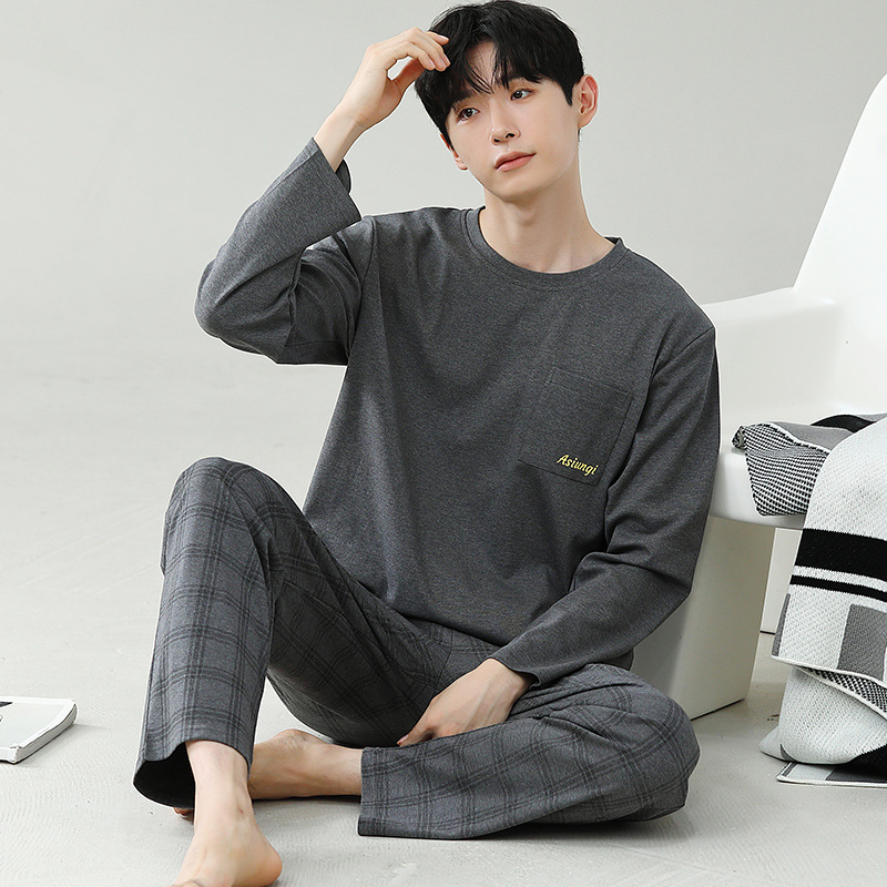 Pajamas for Men Spring & Fall New Round Neck Pullover Long-Sleeved Trousers Set Can Be Worn Outside Sports Style Home Clothes Two-Piece Set