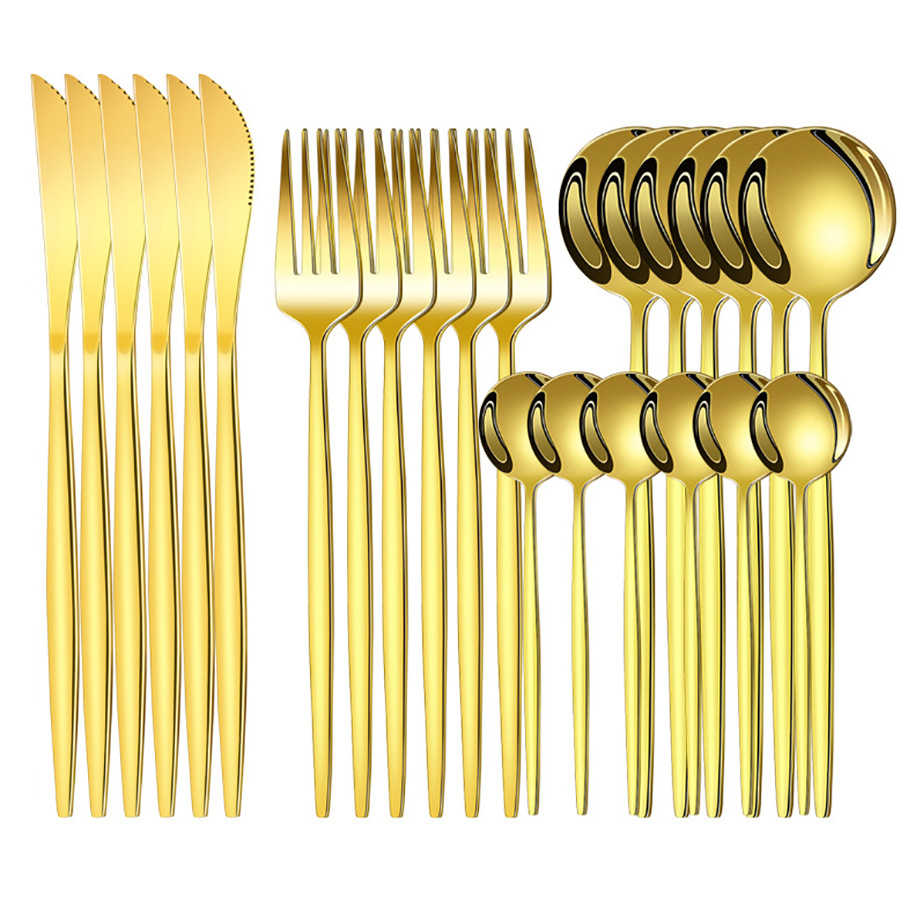 Cross-Border Handle Portuguese Stainless Steel Knife, Fork and Spoon Tableware Four-Piece Set 24Pcs Dessert Spoon Fork Steak Knife