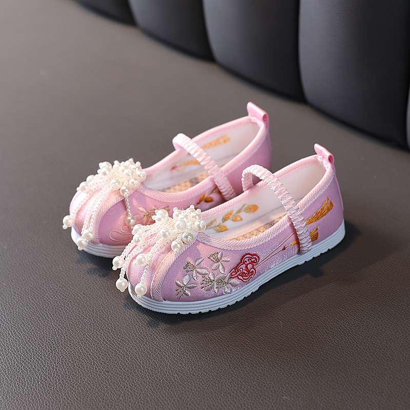 Ethnic Style Children's Cloth Shoes Strain Ancient Clothes Shoes Middle and Big Children's Embroidered Shoes Girls' Hanfu Shoes Pearl Strain Antique Shoes