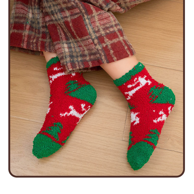 Autumn and Winter Thickened Christmas Socks Children's Coral Fleece Medium Cartoon Elk Snowman Half Velvet Home Floor Socks