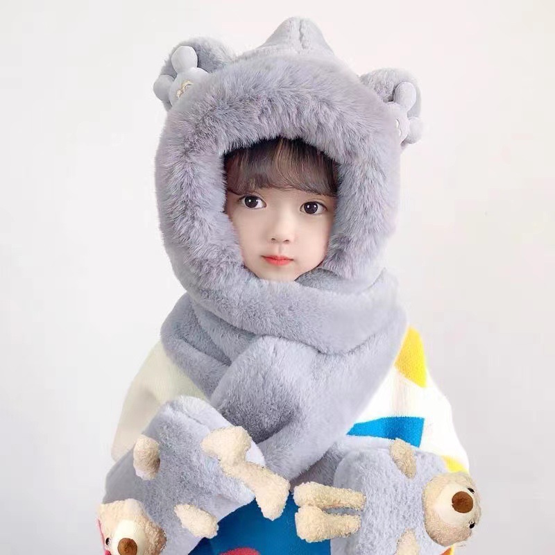 Parent-Child Bear Hat Scarf Integrated Children's Baby fleece-lined Thickened Cute Plush Scarf Gloves Three-Piece Set