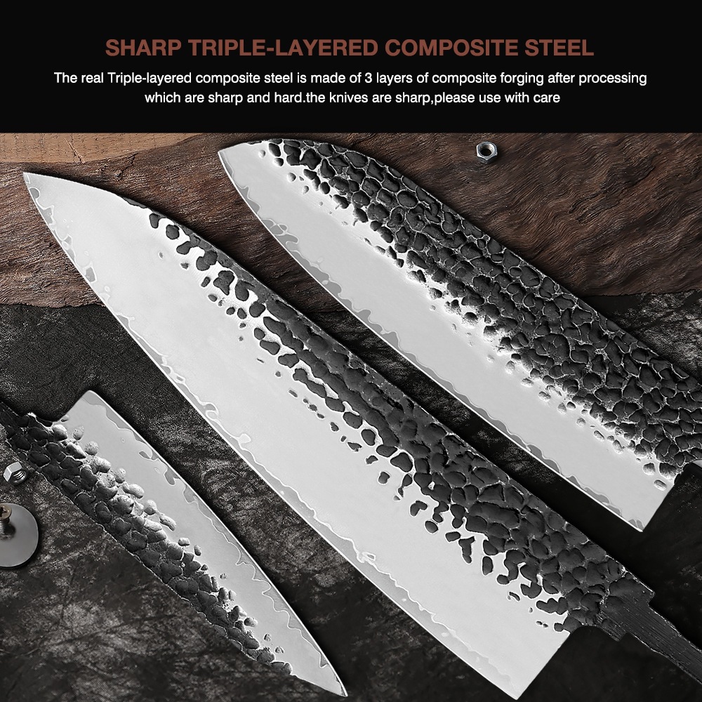 Hand-Forged 3-Layer Composite Steel Billet Sharp DIY Chef Knife Billet Suitable for Home Kitchen and Restaurant