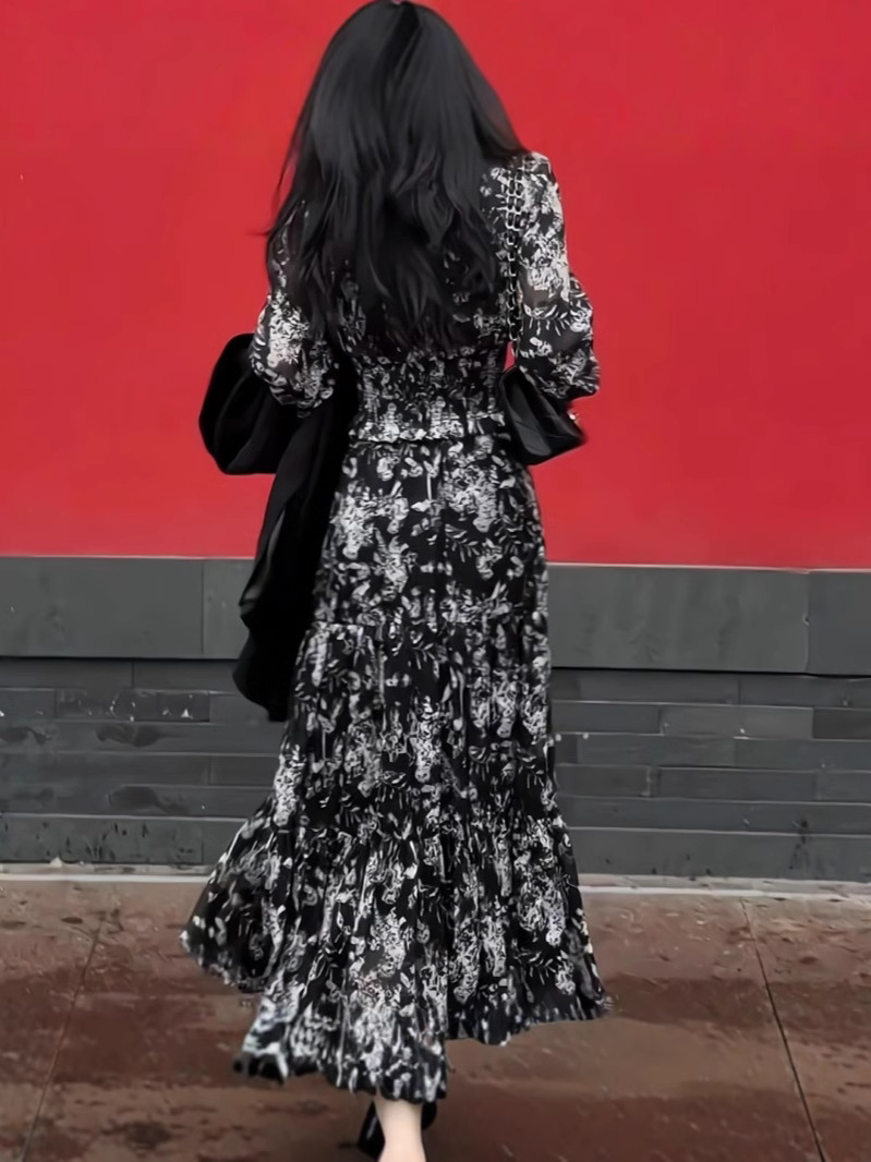 2771 spring plus size women's high-end retro gentle style temperament thin waist dress chubby girl floral skirt