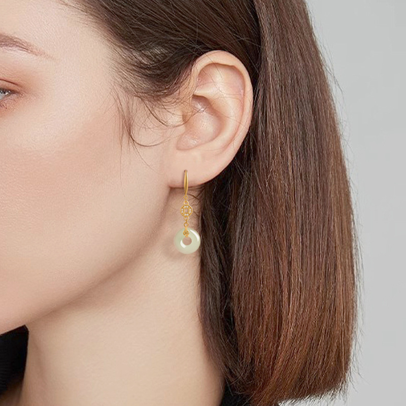 genuine goods old material Hetian jade jade ring earrings S925 silver inset Chinese style temperament women's personality earrings women's wholesale