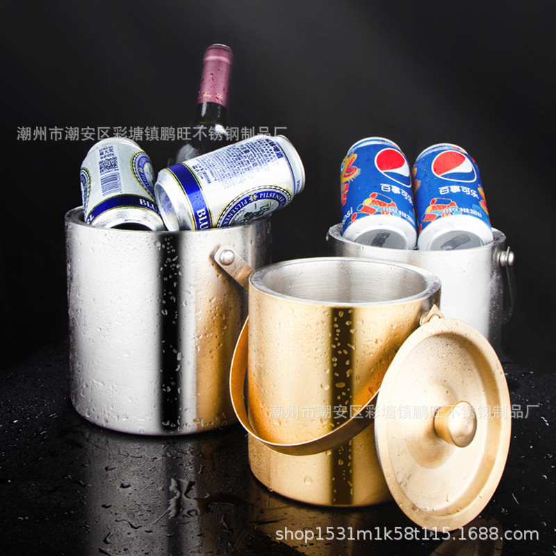 304 Thickeneded Stainless Steel Ice Bucket Double-Layer Wine Barrel Red Wine Chilled Beer Ice Bucket Ktv Bar Insulated Ice Wine Bucket