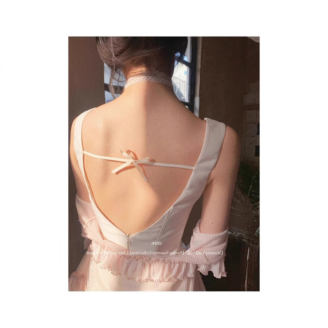 Mummy Cat Laying Eggs Meow High-end Sense Exquisite Simple Fishbone Backless Sling Light Dress dress