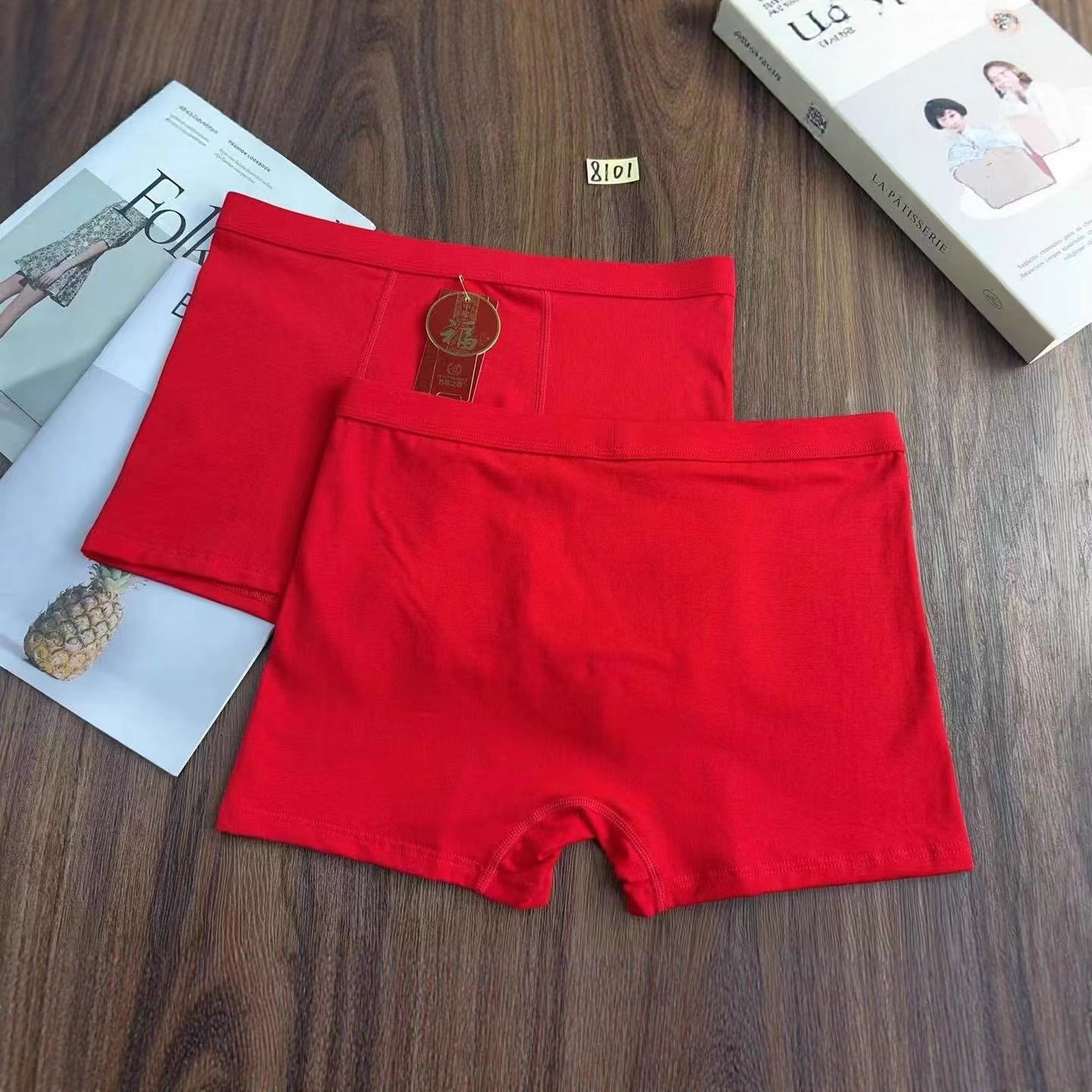8101 #   Red Men's Zodiac Year 95 Combed Cotton Simple Solid Color Men's Comfortable Boxer Briefs Wholesale